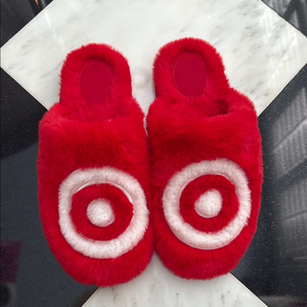 Red Fuzzy Slippers with Target Logo